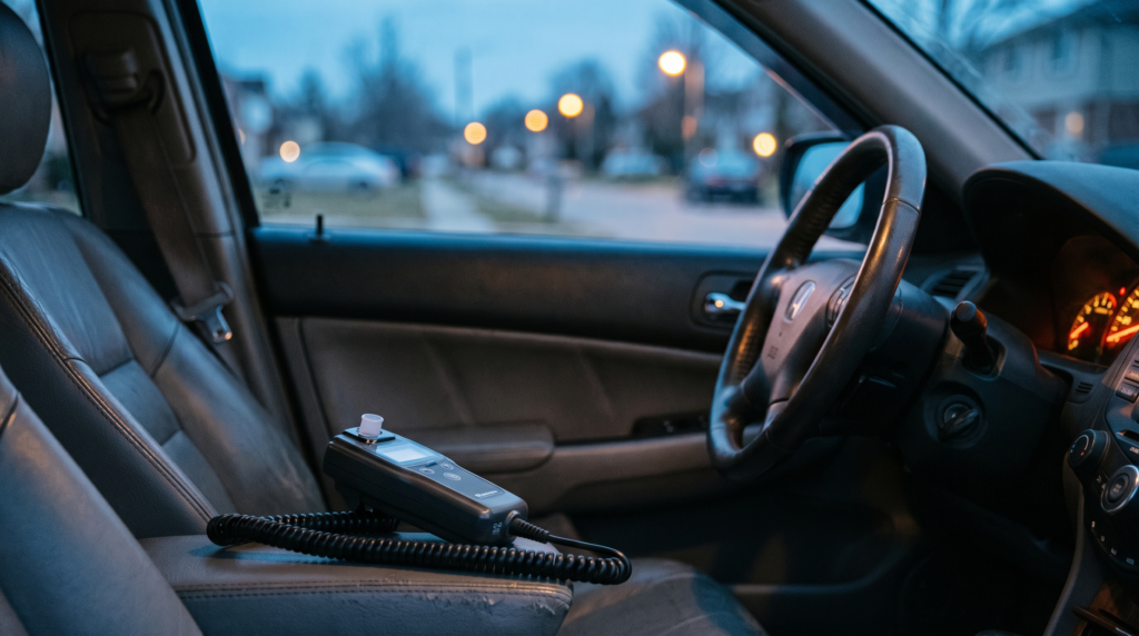 Ignition interlock breathalyzer device resting on a car console at dusk